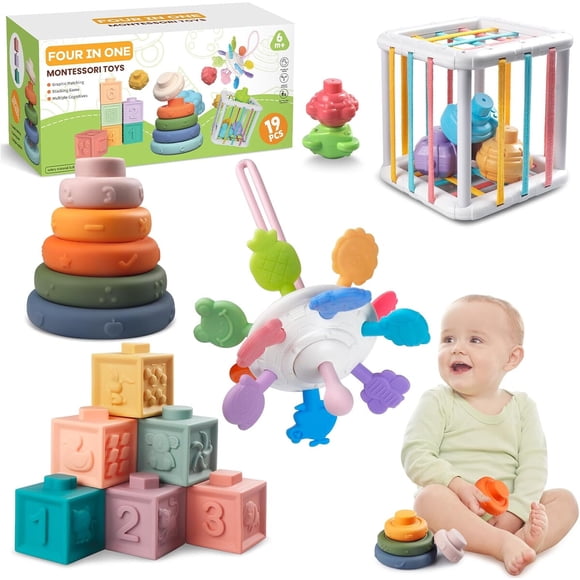 Set Montessori Juguetes Beba 4 en 1 Bloques Apilables Mordedor