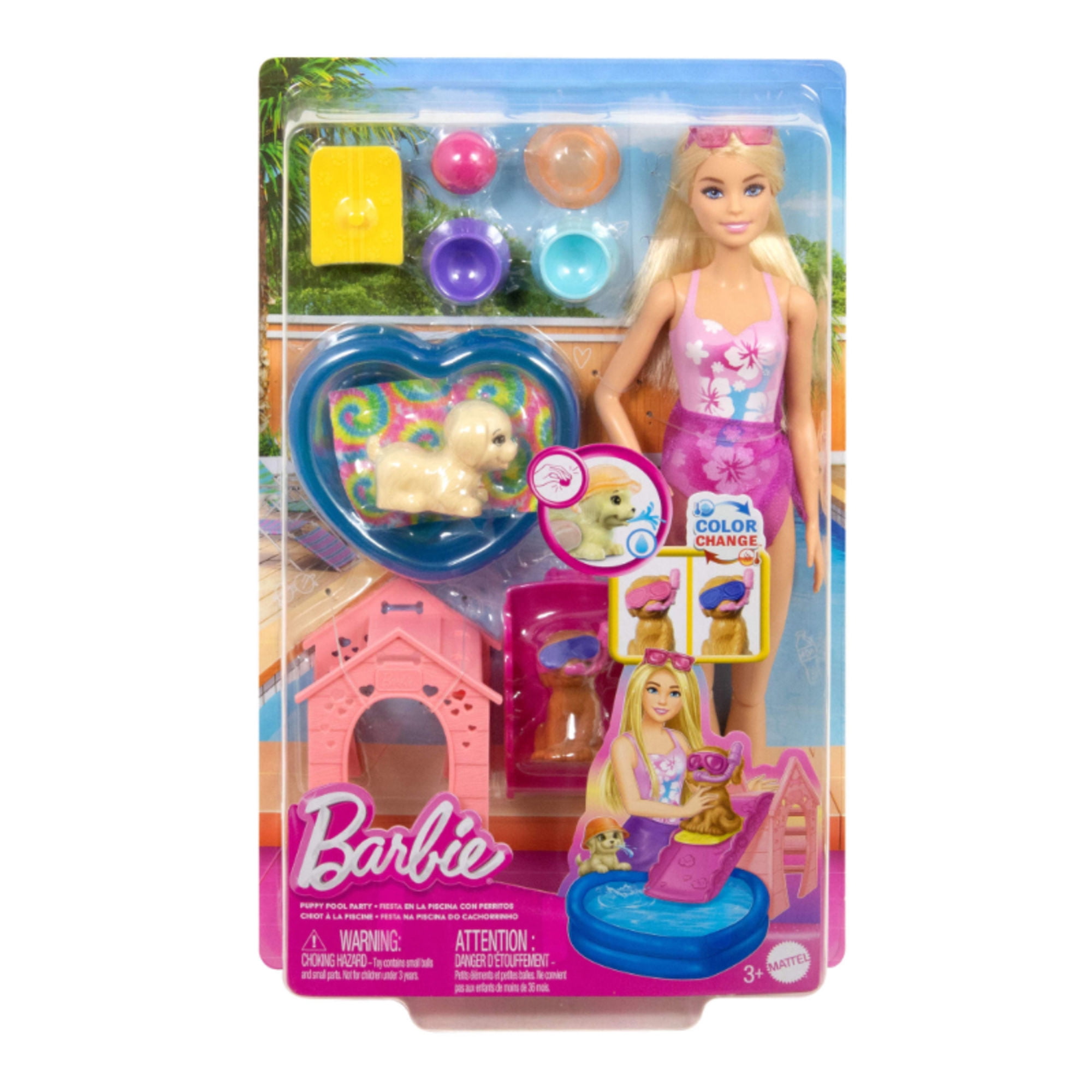 Barbie Fiesta en Piscina Perritos Muñeca Accesorios Niñas 3+