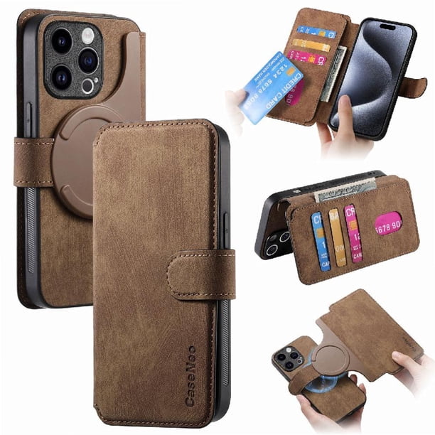 Funda Billetera Magnética para iPhone 15 Pro Soporte Tarjetas Desmontable Marrón