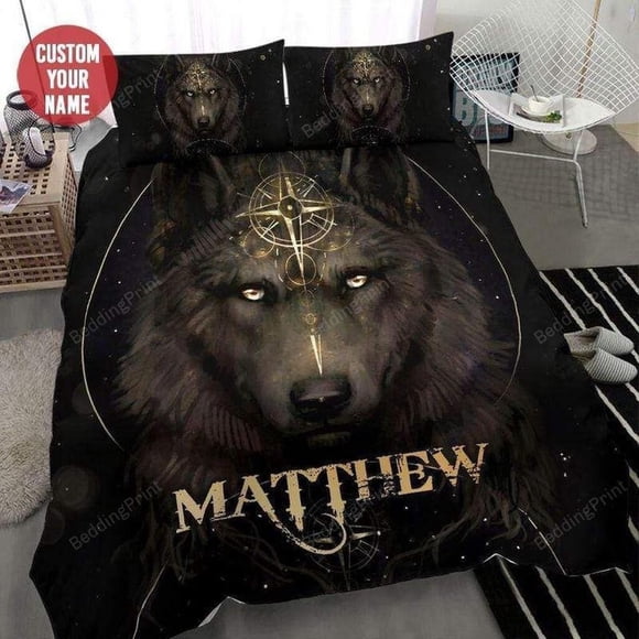 Strong Wolf With Compass Personalized Custom Name Quilt Duvet Cover Set3-Piece Bedding Set (1 Duvet Cover + 2 Pillow Shams)
