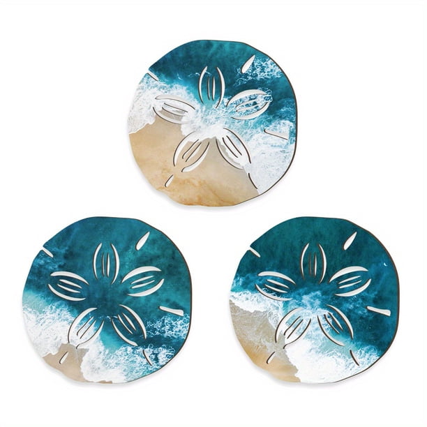 3pcs, Beachy Sand Dollar Wooden Wall Decor for Bathroom - Sea Wave Blue Ocean Design - 10.2 x 10.2 Inches