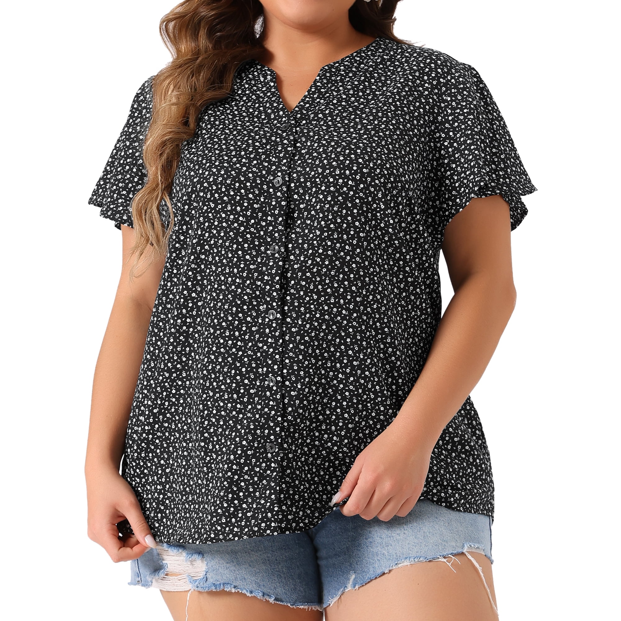 Blusas De Verano De Chiffon De Manga Corta Con Botones Y Estampado Floral Para Mujeres De Tallas Grandes Grace & Grandeur 2x En Negro Y Blanco