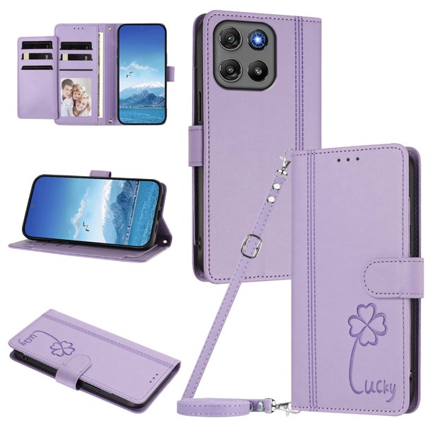 Funda Cartera Trébol para Motorola Moto G67 Power 5G con Ranuras Tarjetas y Carga Inalámbrica Morado claro