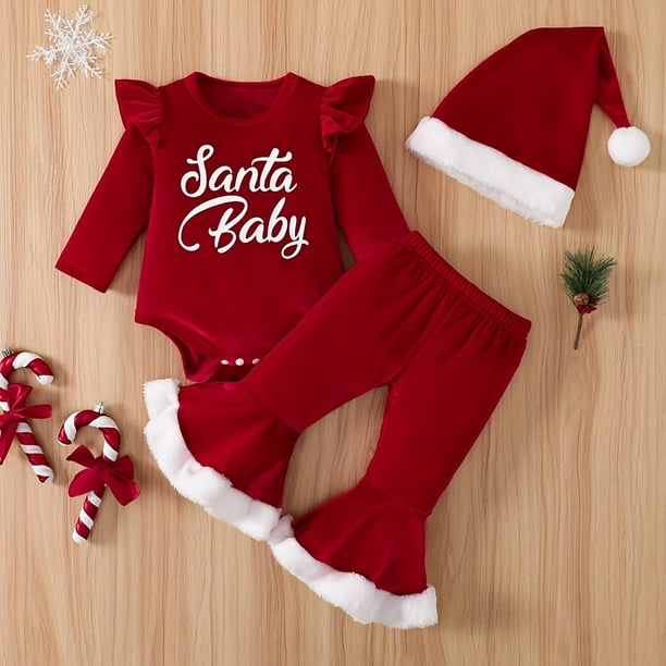 Baby Girls Long Sleeve Bodysuit & Flared Pants & Hat Set, Newborn Baby Set For Christmas Baby Clothes