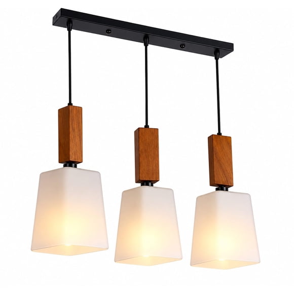 Lámpara Colgante Triple Moderna Madera y Vidrio Blanco E27