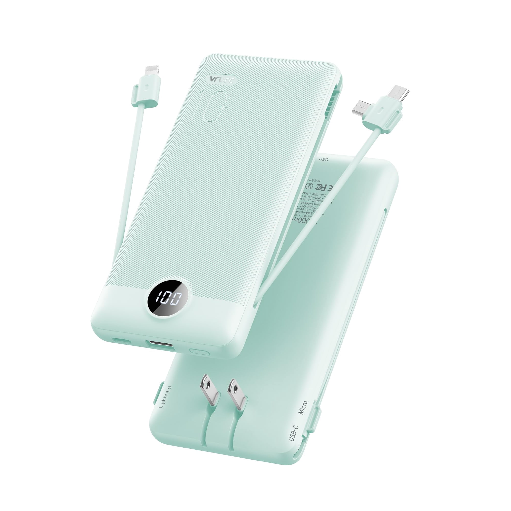 Cargador Portátil Vrurc De 10000 Mah Con Cables Y Enchufe Integrados