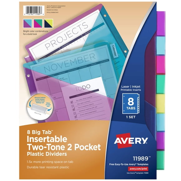 Separadores Avery Big Tab insertables de plástico, 2 bolsillos y 8 pestañas