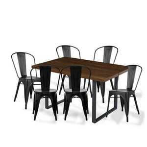 Klik Muebles - Comedor Industrial 140X90 Madera Oscura Walnut + 6 Sillas Tolix Negras