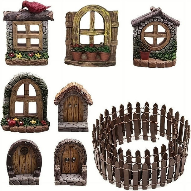 8pcs Fairy Garden Accessories, Miniature Fairy Door And Window For Trees Mini Fairy Doors And Windows For Garden Bonsai Terrarium Micro Landscape Decoration Fairy Garden Miniatures