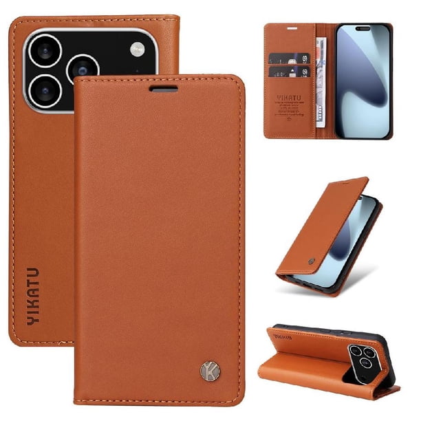 Funda Billetera de Cuero para iPhone 17 Pro Max con Tarjetero y Soporte - Tapa Magnética Marrón