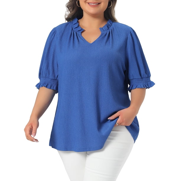 Blusa de Talla Grande para Mujeres Escuela Colegio con Volantes Cuello en V Mangas Abullonadas Texturizadas Camisas de Verano 1X Azul Real