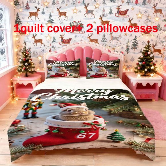 3pcs Bunny in Santa hat sitting on red stocking Theme Printed Bedding Set | Duvet Cover and 2 Pillowcases All season
