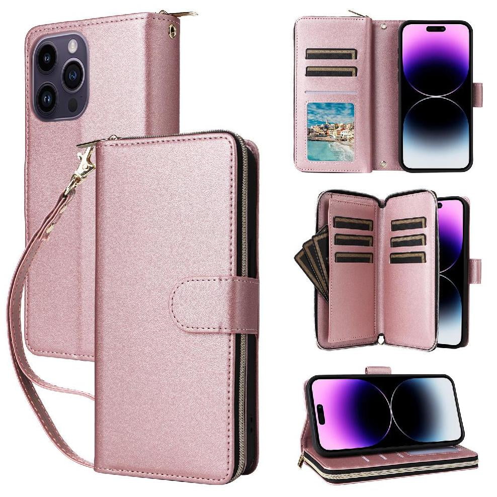 Foxdock - Funda Cartera Con Cremallera Y Correa Para Iphone 14 Pro Max Soporte Y Tarjetero Oro Rosa
