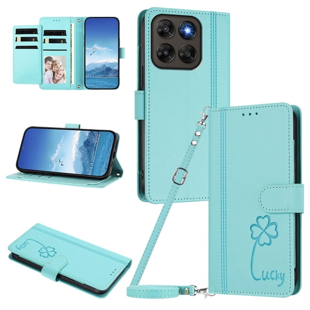 Funda Cartera Trébol para Motorola Moto G77 con Ranuras Tarjetas y Carga Inalámbrica Verde menta