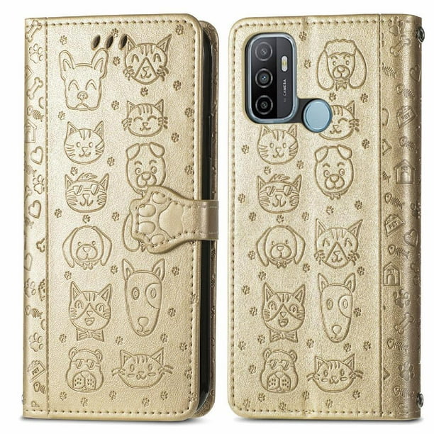 Funda Cartera FOXDOCK para OPPO A53 2020 , Flip PU con Relieve de Gatos y Perros, Tarjetero y Soporte