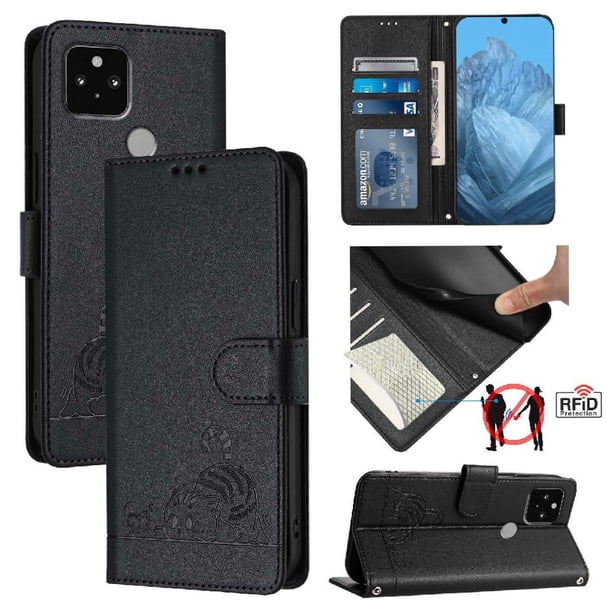 Funda tipo cartera FOXDOCK para Google pixel 5 con soporte, ranuras, RFID, diseño de gato