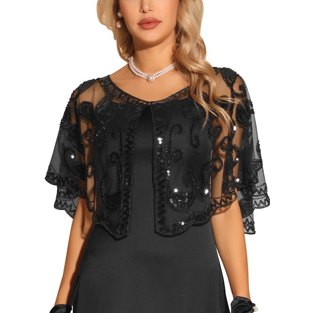 INSPIRE CHIC Chal de Lentejuelas y Cuentas para Mujer, Capa de Noche, Cubierta Nupcial M Negro