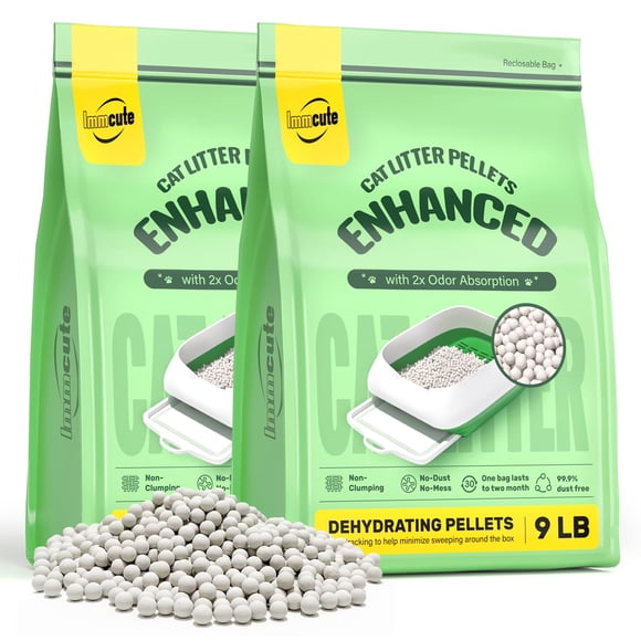 Pellets de arena para gatos IMMCUTE, control mejorado de olores de zeolita de 8,16 kg