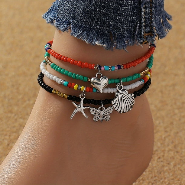 4-Piece Colorful Rice Beaded Ankle Bracelet Set - Perfect for Summer Beach Decor & Boho Jewelry!