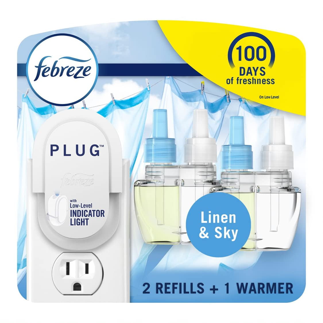 Ambientador Febreze Plug Linen & Sky, 1 Calentador Y 2 Recargas
