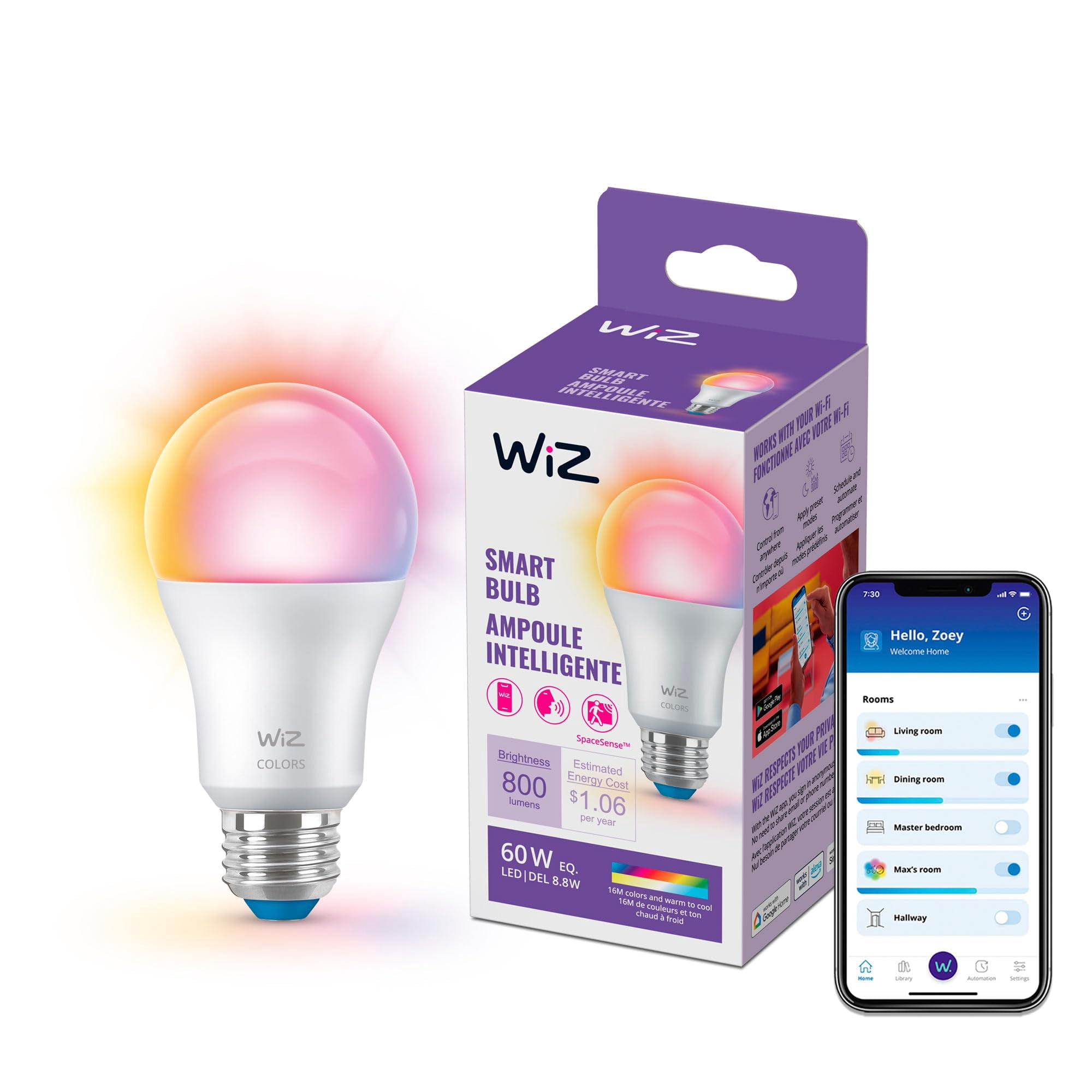 Bombilla Inteligente Wiz Led A Todo Color, A19, 9 W, 800 Lúmenes, E26, 1 Paquete