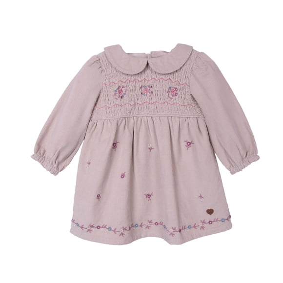 Vestido Bebé Niña Manga Larga Cotelé Bordado Floral Arena