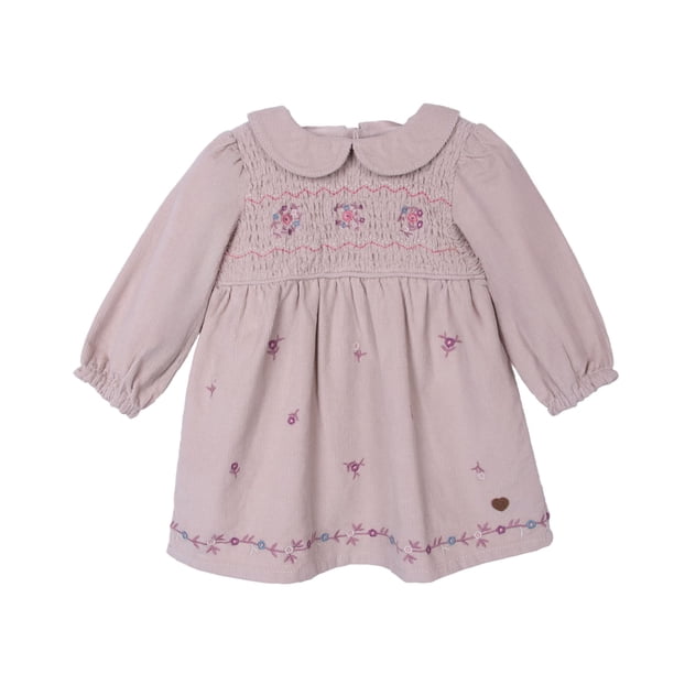 Vestido Bebé Niña Manga Larga Cotelé Bordado Floral Arena