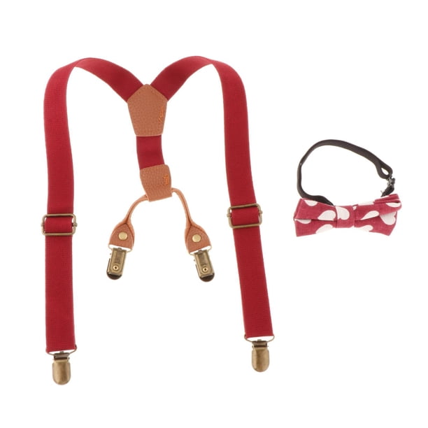 Juego De Tirantes Y Pajarita Para Niños Pequeños, 4 Clips Y Soporte Elástico En La Espalda, Color Rojo