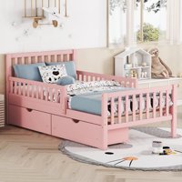 M&Ms - Twin Size Wood Platform Bed With Guardrails On Both Sides And Two Storage Drawers ,Pink