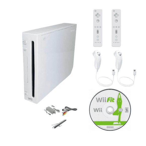 Nintendo Wii Gaming Console White Refurbished Bundle with Wii Fit Game, 2 Remotes & 2 Nunchuks