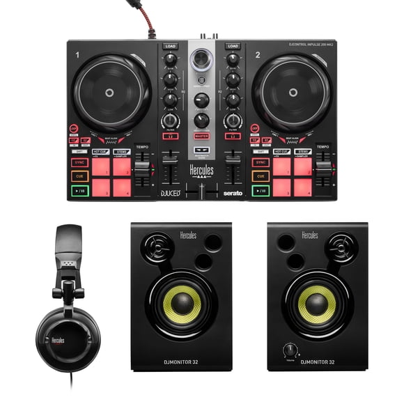 Kit de aprendizaje para DJ Hercules DJ Inpulse 200 MK II con auriculares HD45 y monitor de DJ con 32 altavoces