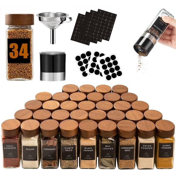 Juego De Frascos De Vidrio Para Especias De 120 Ml Con Tapa De Madera De Acacia