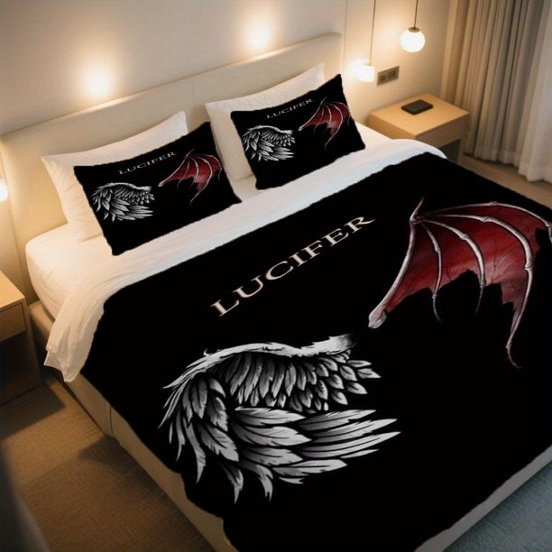 LUCIFER White & Red Wing Duality Duvet Cover Set Soft Comfortable Breathable Bedding Set Suitable for Bedroom Dorm Guest Room Home Decor 1 Duvet Cover + 2 Pillowcases