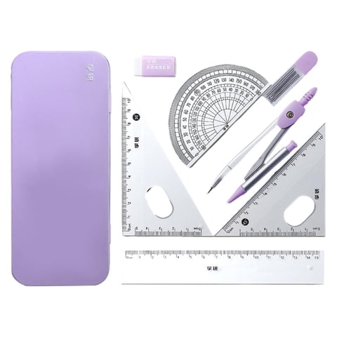 Magideal - Kits De Geometría Matemática Juego De Dibujo Borrador Reutilizable Regla Triangular De 45 Degree 60 Degree Regla De 6 ""Brújula Portátil Para Niños Escuela Hogar Caja Cerrada Violeta