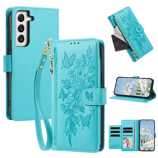 Funda Billetera Floral en Relieve samsung galaxy S22 PLUS con Tarjetero y Cremallera Verde