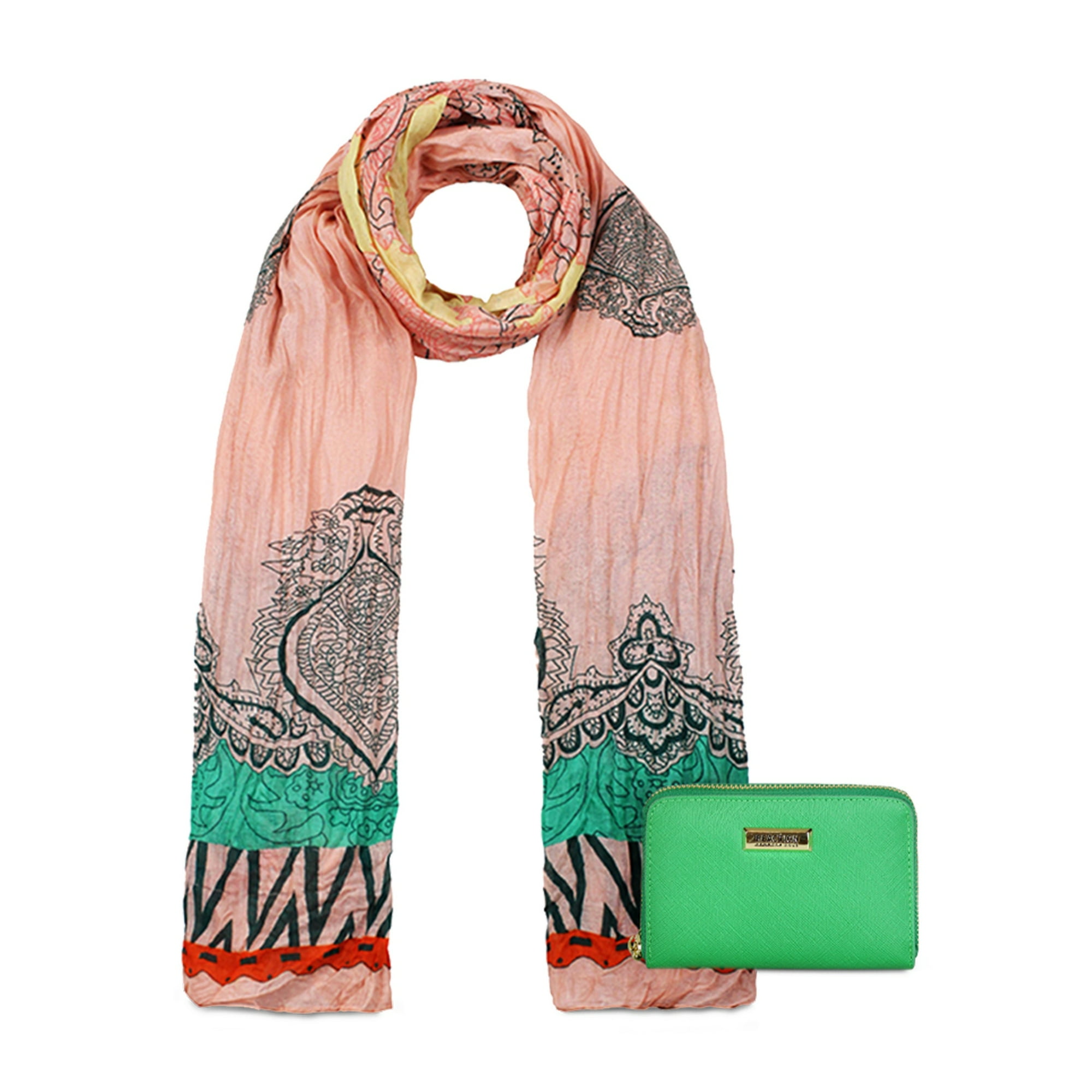 Kubayoff - Kenneth Cole - Pack Bufanda Alcala Coral + Billetera Trifold Verde