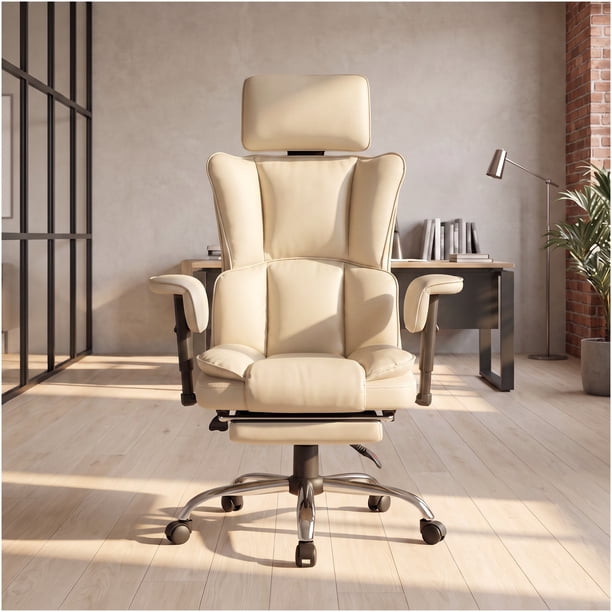 Silla Oficina Ejecutiva Ergonómica Reclinable Con Reposapiés Crema Cuero Sintético