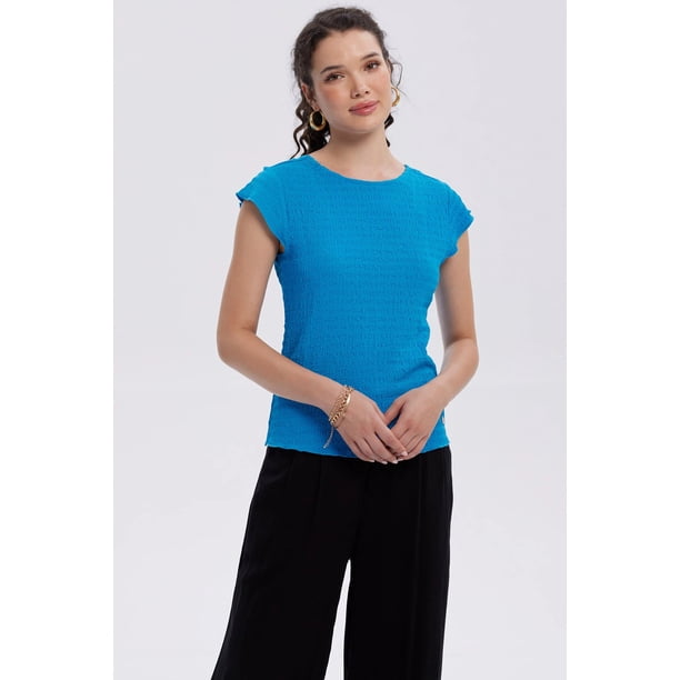 Polera Mujer Espalda Escote Cuadrado Azul Claro