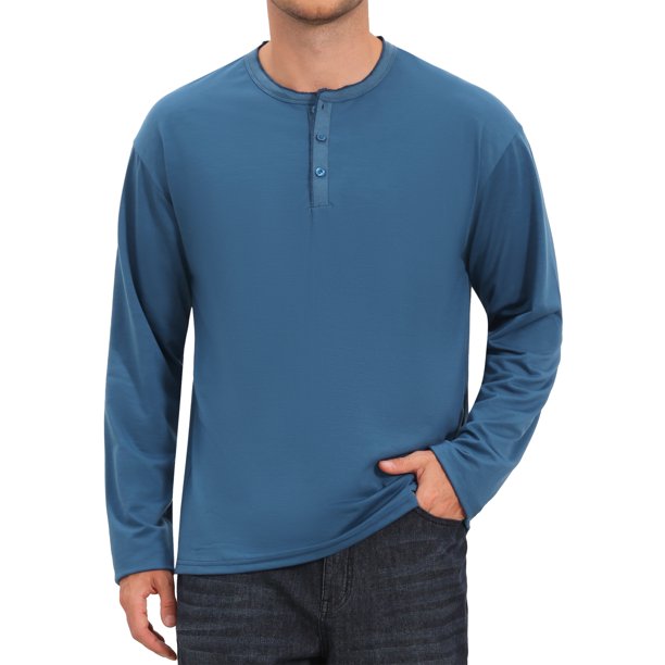 INSPIRE CHIC Camisetas Henley de Hombre Manga Larga Botón Pullover Camisa Casual de Negocios 2XL Azul