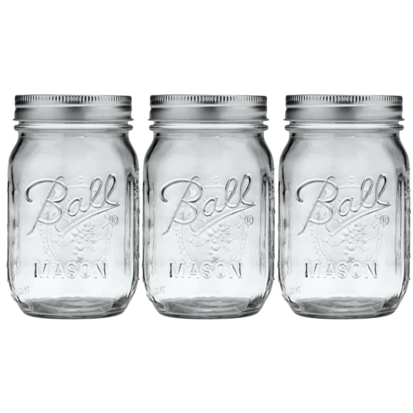 Tarro Mason Ball de Vidrio Boca Regular 480 mL Tamaño Pinta (Paquete de 3)