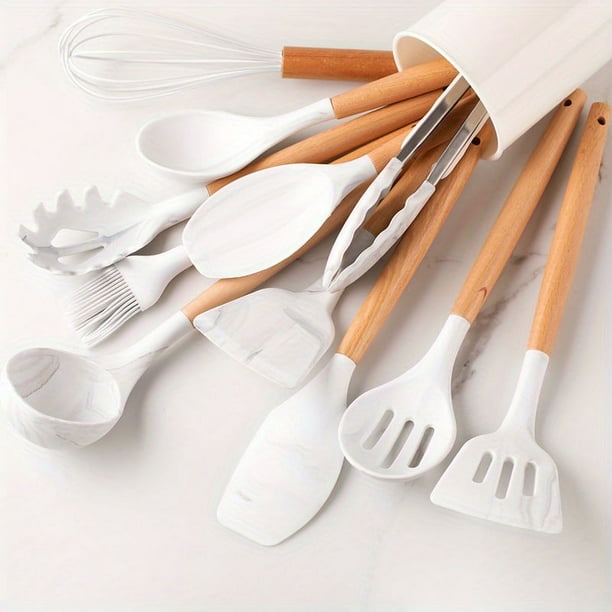 12pcs, Silicone Utensil Set, Khaki Kitchen Utensil Set With Wooden Handle, Safety Cooking Utensils Set, Non-Stick Kitchen Tools Set, Washable Modern Cookware, Kitchen Stuff, Kitchen Gadgets