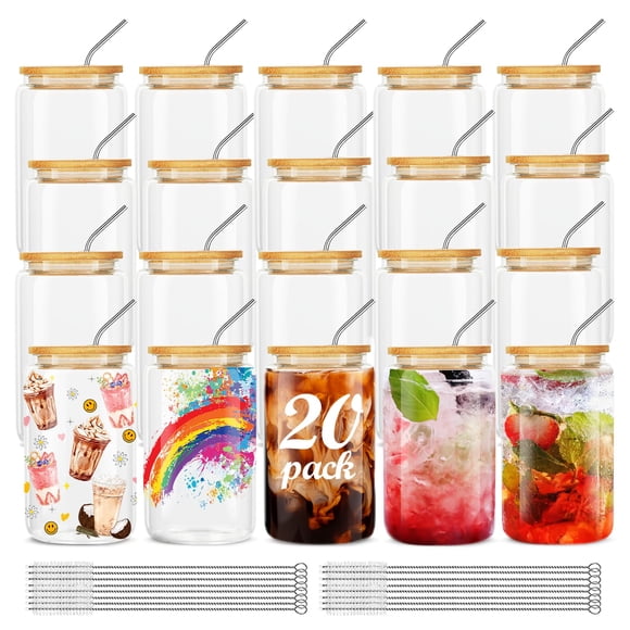 Juego de vasos para beber ASKIZ, vasos de vidrio con tapas de bambú, 480 ml, 20 unidades