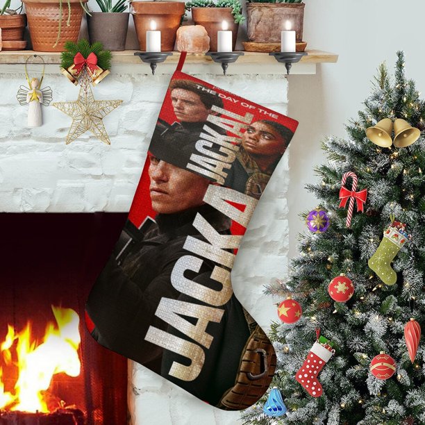 El Día del Chacal Tema: Calcetines de Navidad, fino lino blanco para colgar en escaleras y chimenea, decoración navideña para el hogar, regalo de Navidad.54cm×38cm