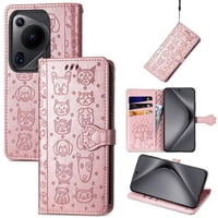 Funda Cartera Foxdock Para Huawei Pura 70 Ultra , Flip Pu Con Relieve De Gatos Y Perros, Tarjetero Y Soporte