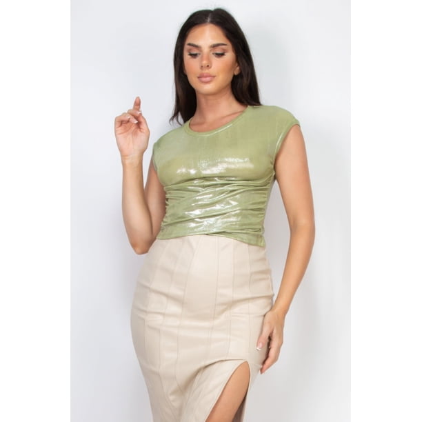 Top Corto De Punto Asimétrico Elegante Sin Mangas Fruncido Y Cuello Redondo Color Cítrico (para Mujer)