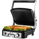 thumbnail image 1 of OVENTE Electric Panini Press Sandwichera, parrilla de interior de 1500 W con placas con revestimiento antiadherente, control de temperatura y bandeja de goteo extraíble, abre 180 grados para adaptarse, 1 of 3