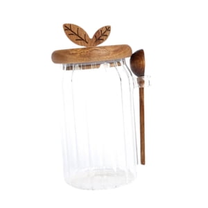 Bothyi - Jarra De Vidrio Con Tapa De Madera Y Cuchara De Frasco Transparente Para La Despensa De Azúcar Del Baño 800Ml