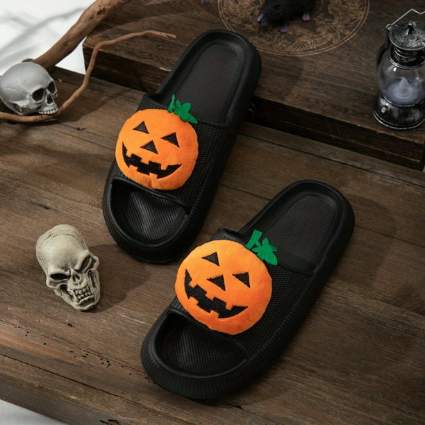 Women's Fashion Pumpkin Face Decor Slippers, Casual Solid Color Faux Leather Pillow Slippers, Trendy Halloween Shoes