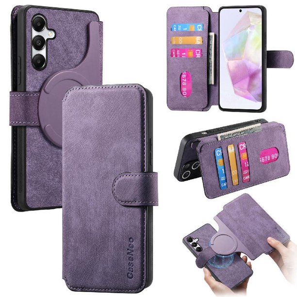 Funda Billetera Magnética para Samsung Galaxy A35 5G Soporte Tarjetas Desmontable Morado