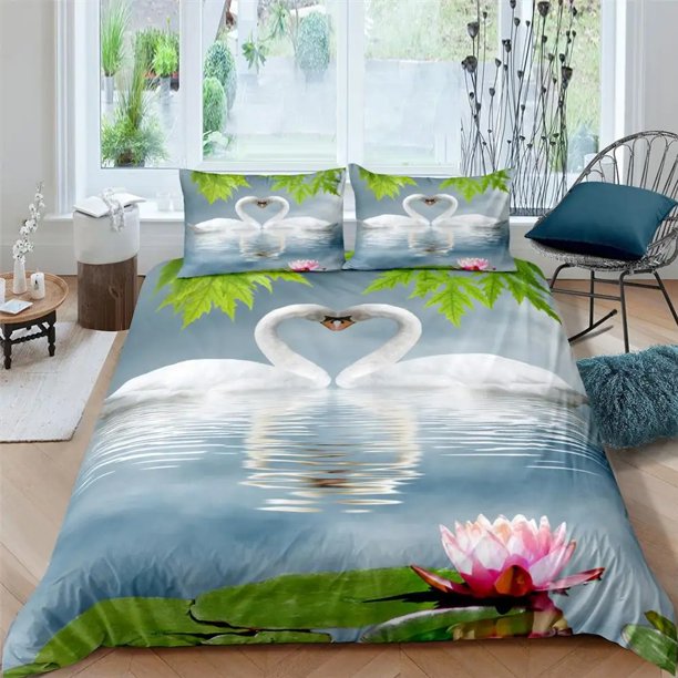 x2486 Bed SheetsSwan Duvet Cover Set Black Swan Lake Comforter Cover Microfiber Twin Size Bedding Set For Kids Teen Size Quilt Cover 3-Piece Bedding Set (1 Duvet Cover + 2 Pillow Shams) nj2486